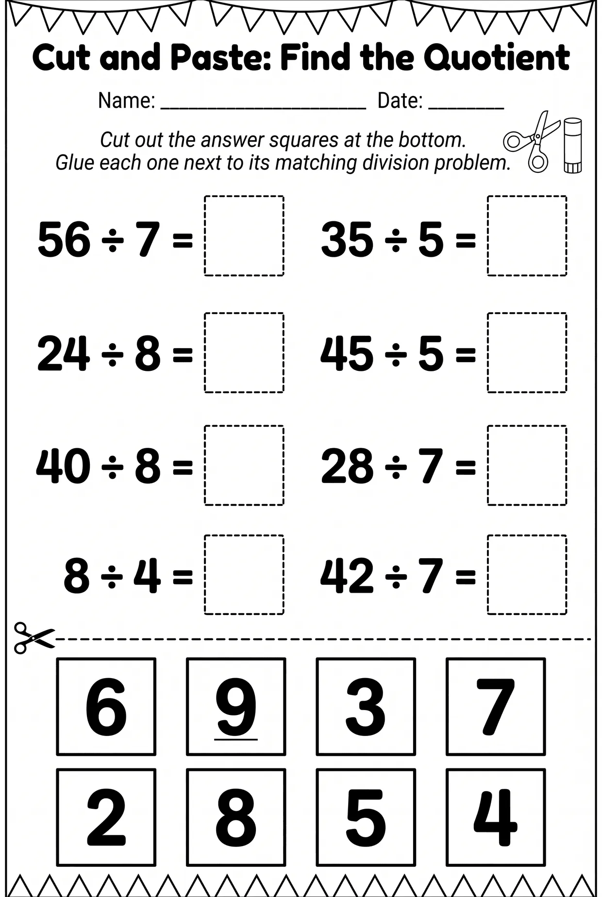 Cut and Paste Division Worksheet for 3rd Grade, page 1 preview