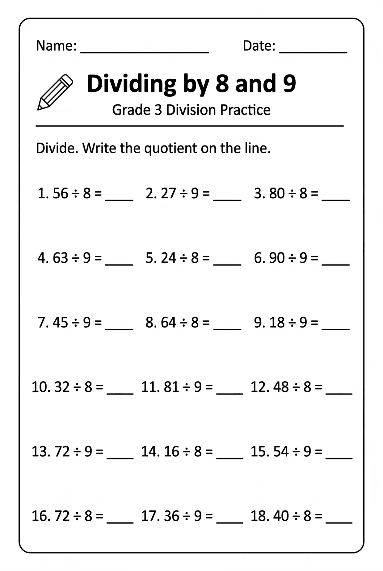 Dividing by 8 and 9 Division Worksheet for Grade 3, page 1 preview