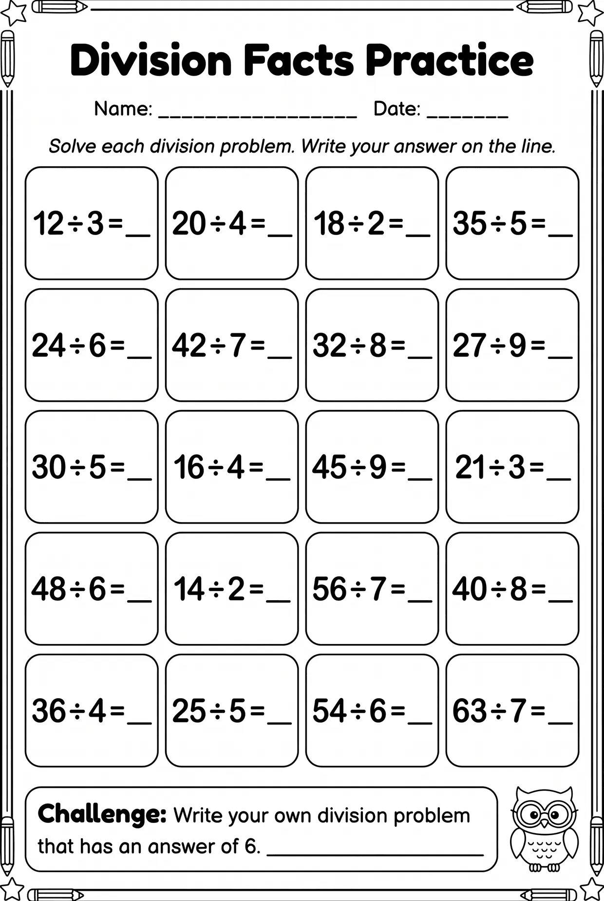 Division Facts Practice Worksheet for 3rd Grade, page 1 preview