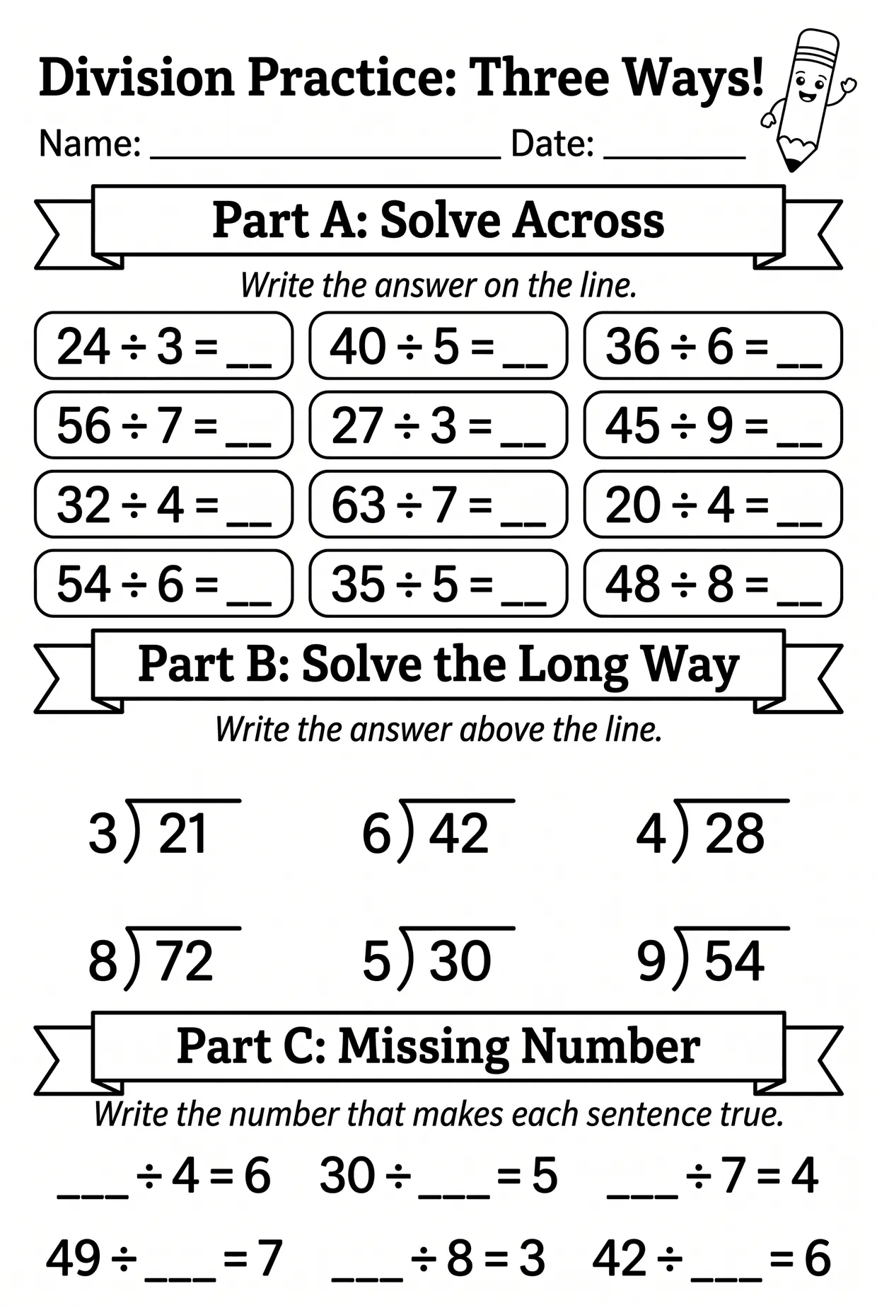 Division Practice Three Ways Worksheet Grade 3, page 1 preview