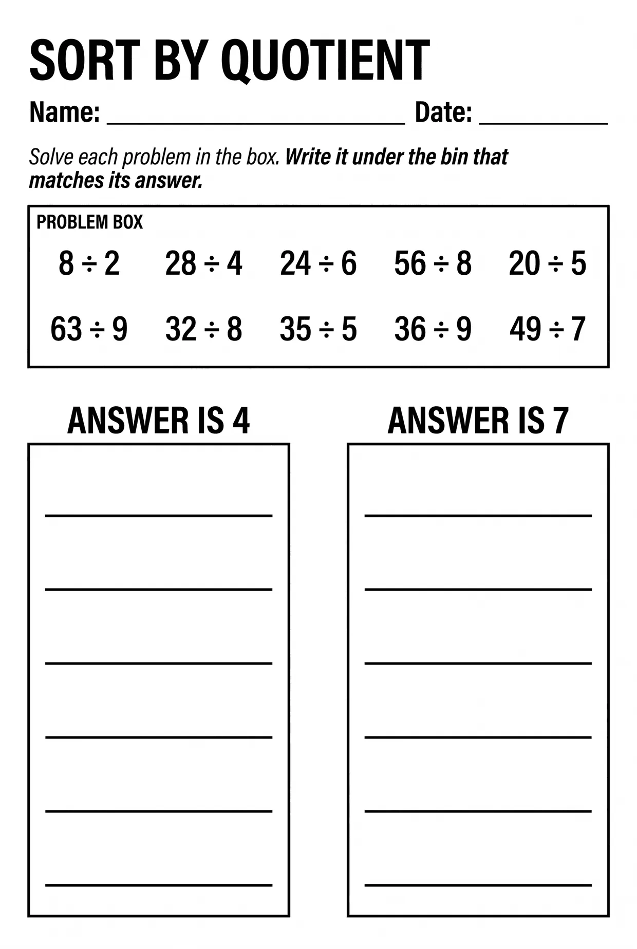 Sort by Quotient: 3rd Grade Division Worksheet, page 1 preview