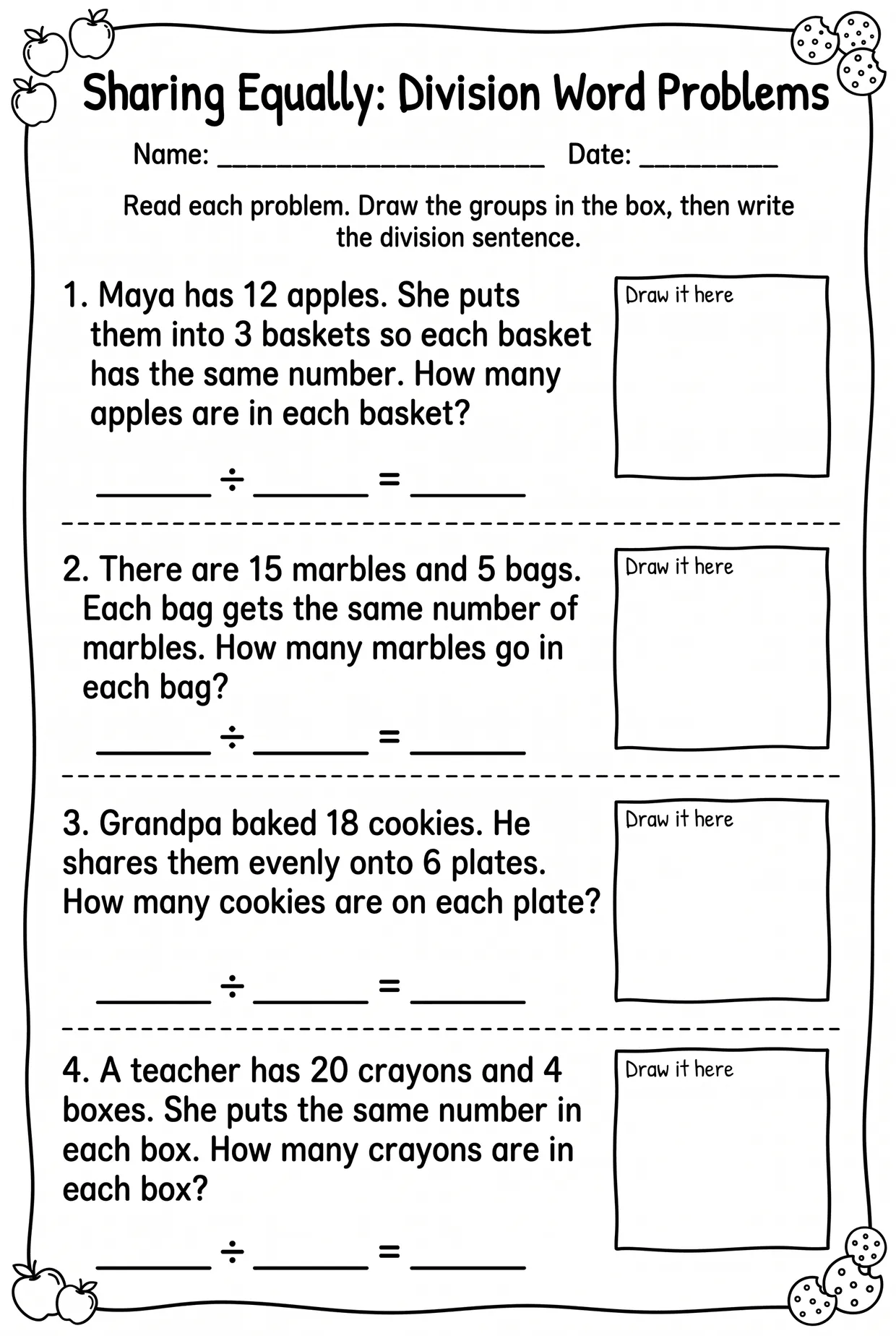 Division Word Problems Worksheet for 3rd Grade, page 1 preview
