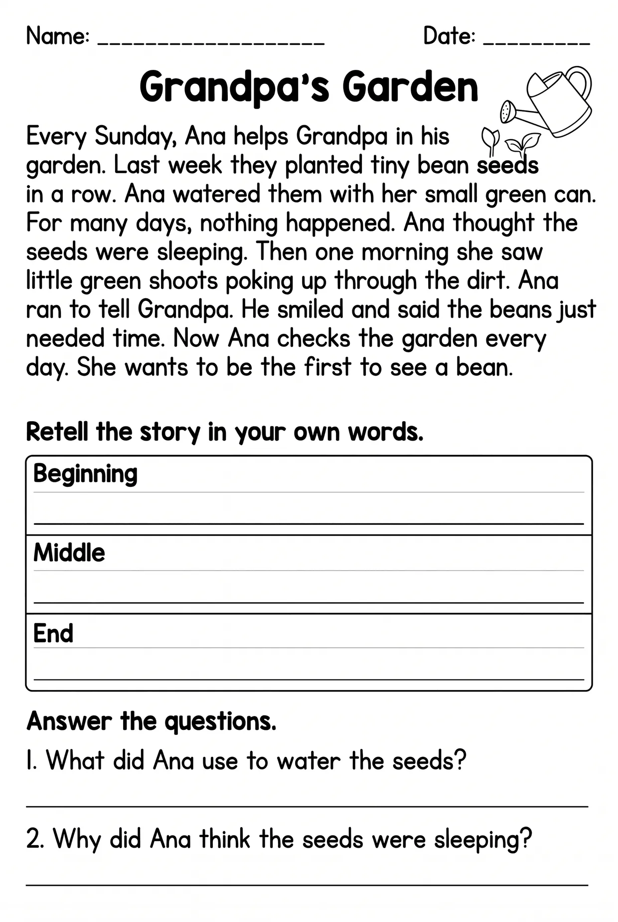 Grandpa's Garden Beginning Middle and End Worksheet, page 1 preview