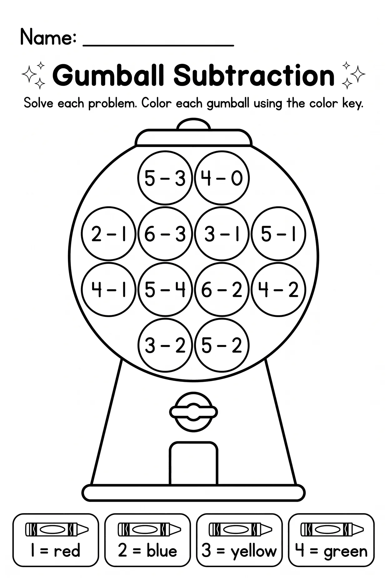 Gumball Color by Answer Kindergarten Subtraction Worksheet, page 1 preview