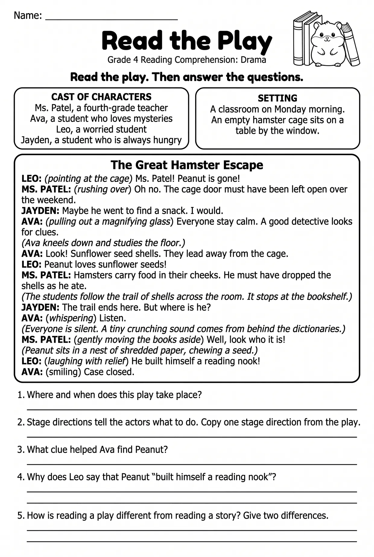 Drama Play Reading Comprehension Worksheet for Grade 4, page 1 preview