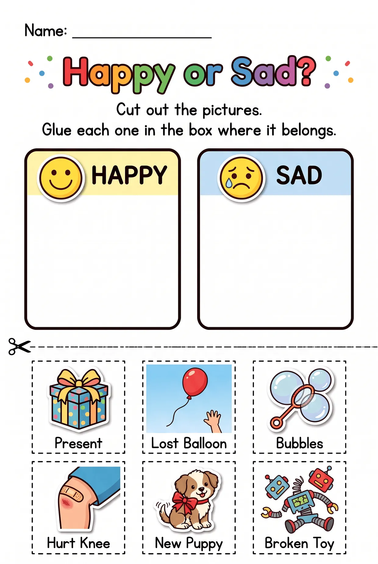 Happy or Sad? Cut and Paste Preschool Emotions Worksheet worksheet preview