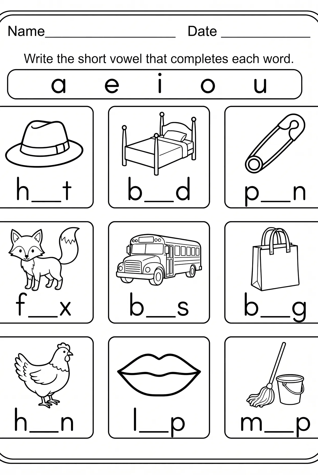 Short Vowel Fill-In: 9 CVC Picture Words, page 1 preview