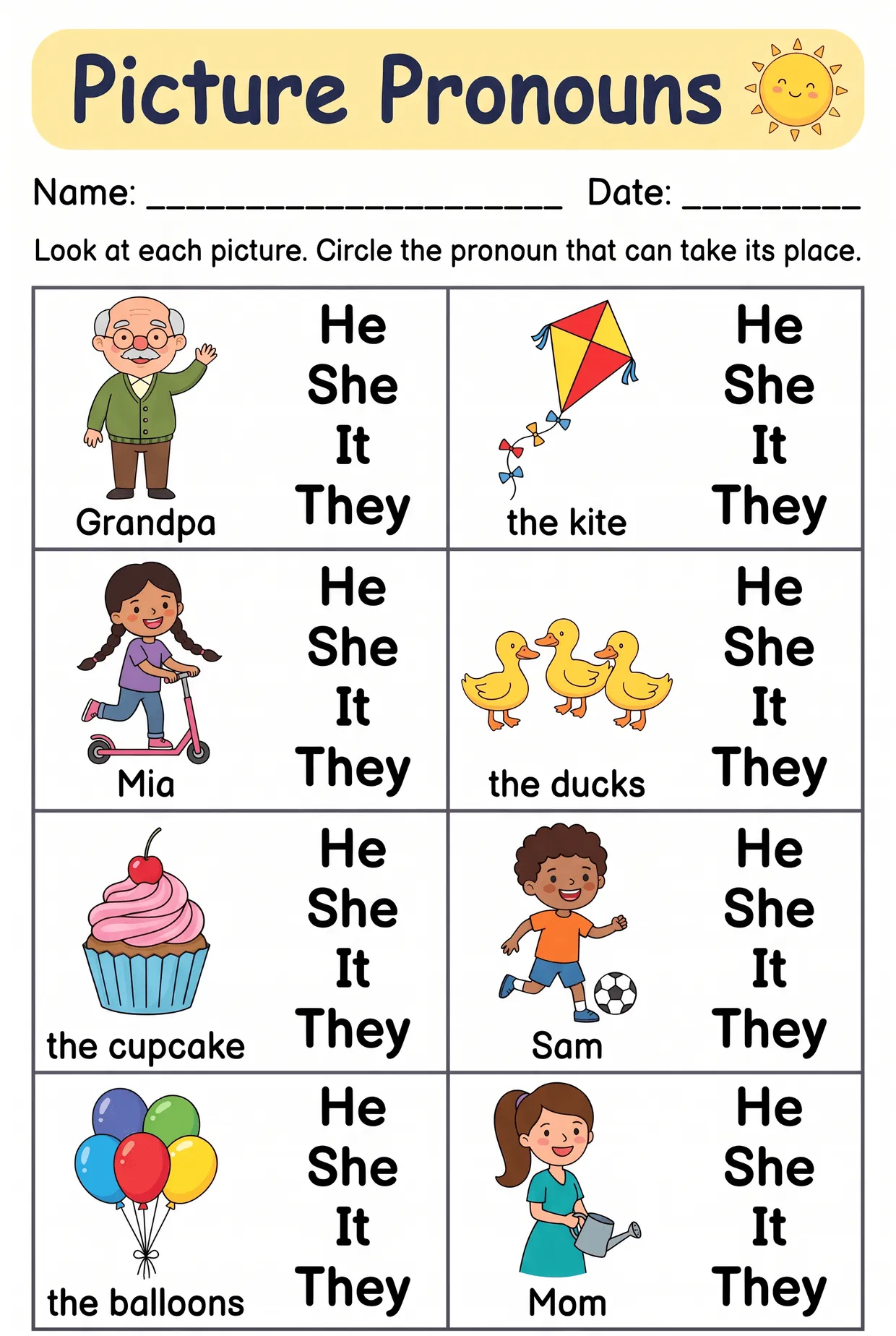 He She It They Picture Pronoun Worksheet for Grade 1, page 1 preview