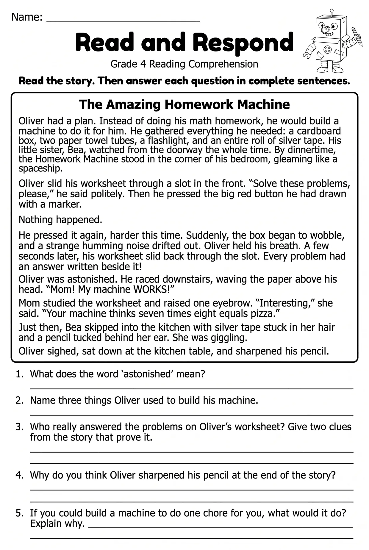 Funny Story Reading Comprehension Worksheet for Grade 4, page 1 preview