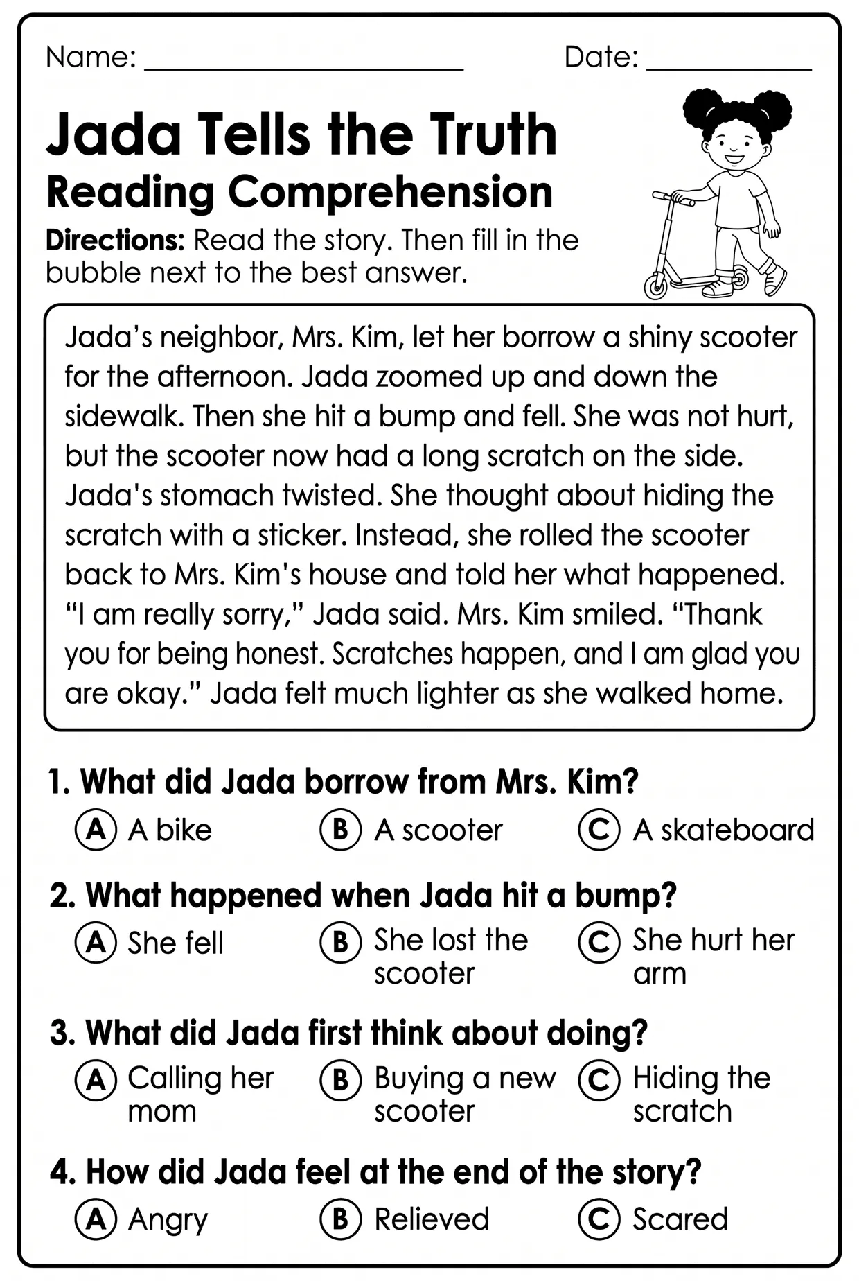 Jada Tells the Truth Honesty Reading Worksheet Grade 3, page 1 preview