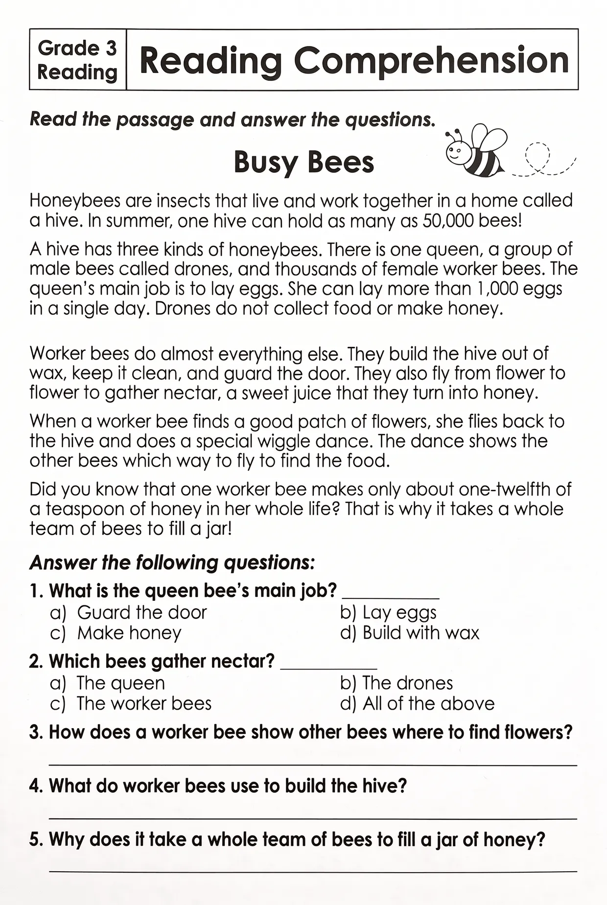 Busy Bees Nonfiction Reading Comprehension for Grade 3, page 1 preview