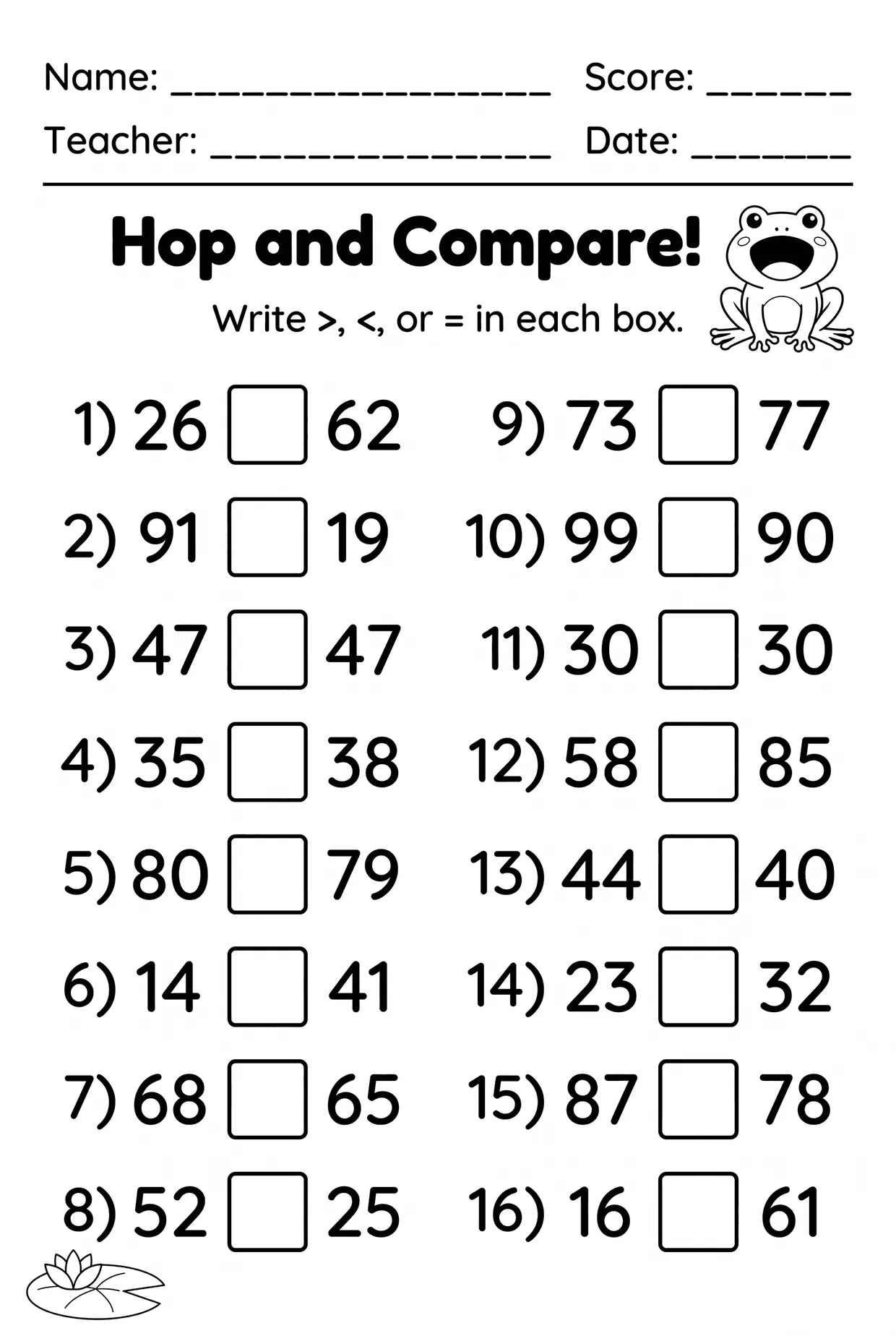 Hop and Compare: Greater Than Less Than Worksheet, page 1 preview