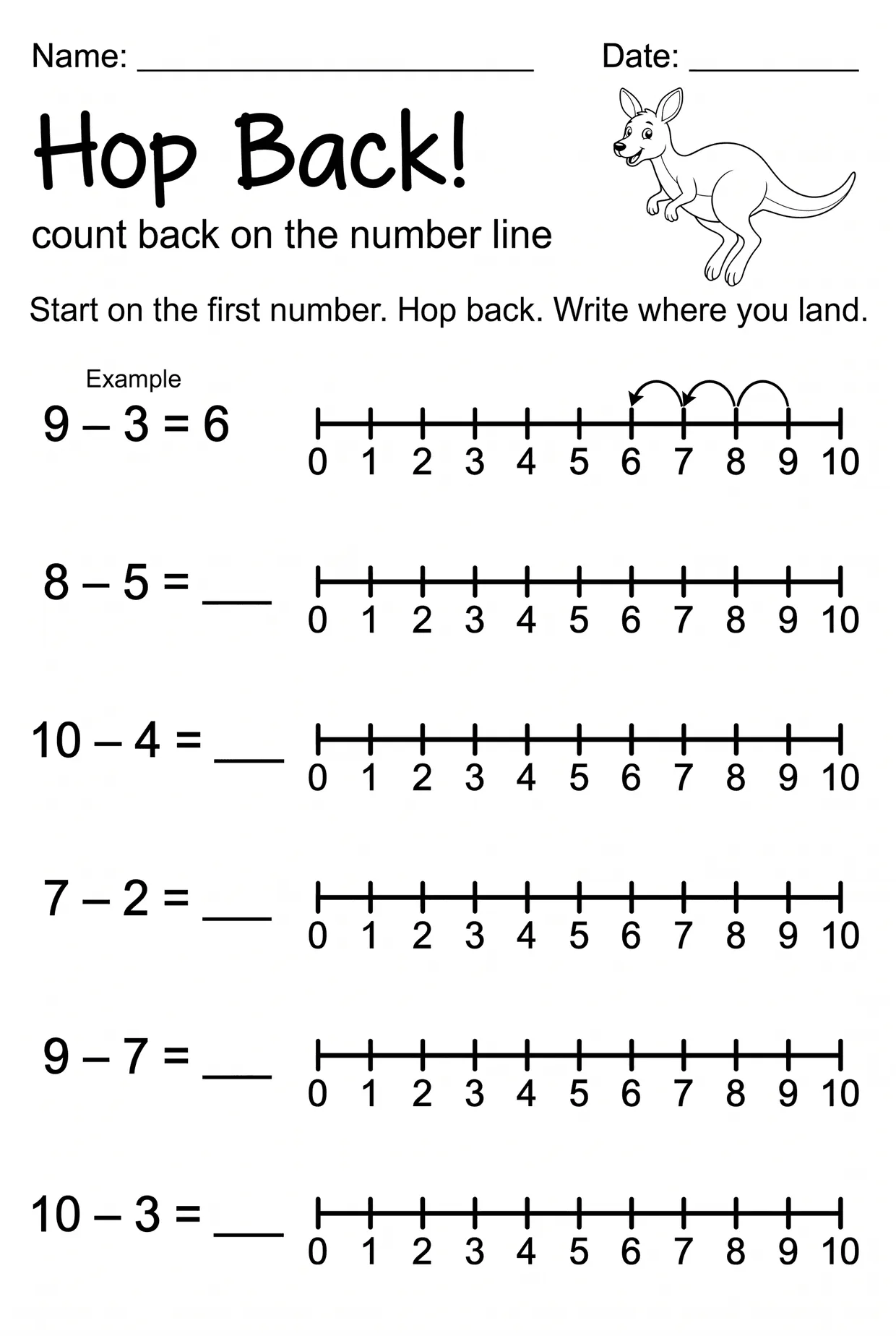 Hop Back Number Line Subtraction Worksheet for Grade 1, page 1 preview