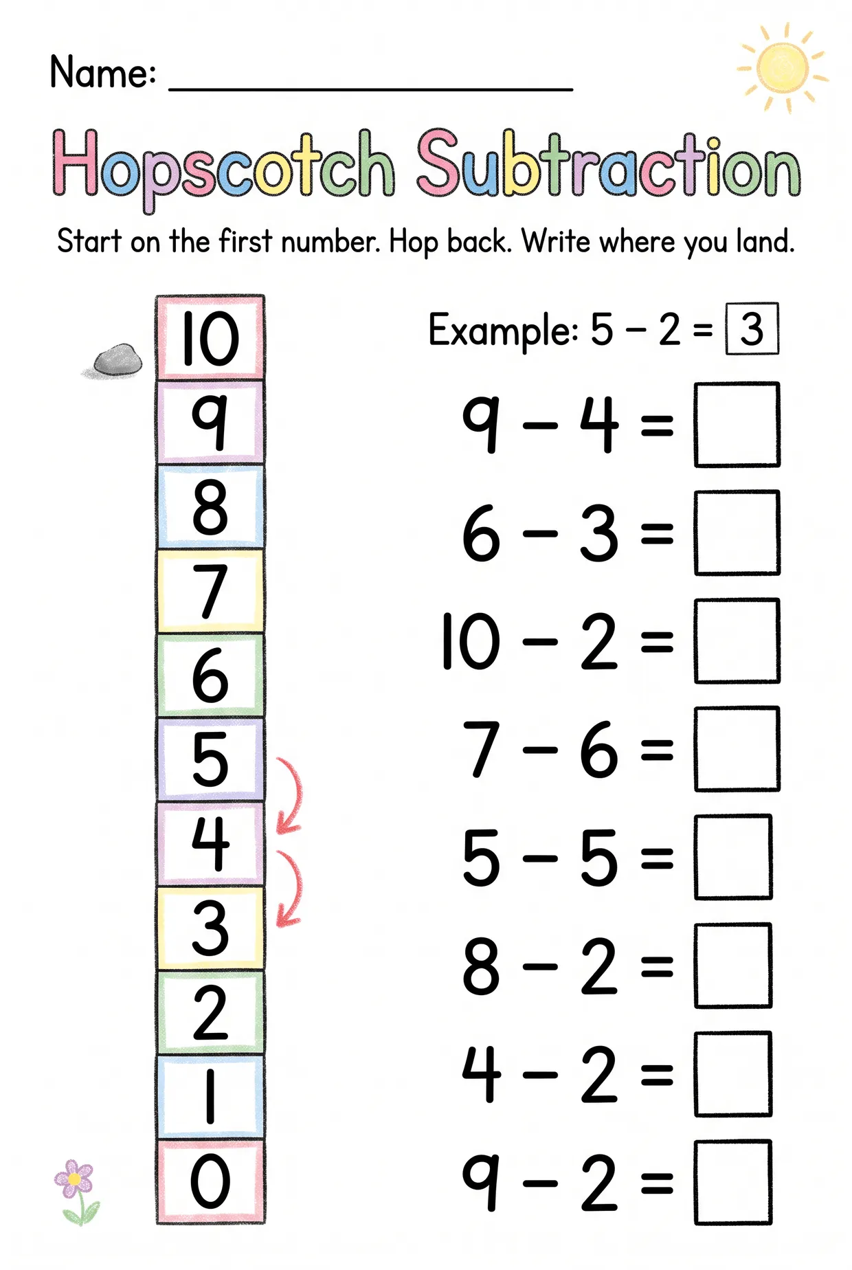 Hopscotch Subtraction Worksheet for Kindergarten, page 1 preview