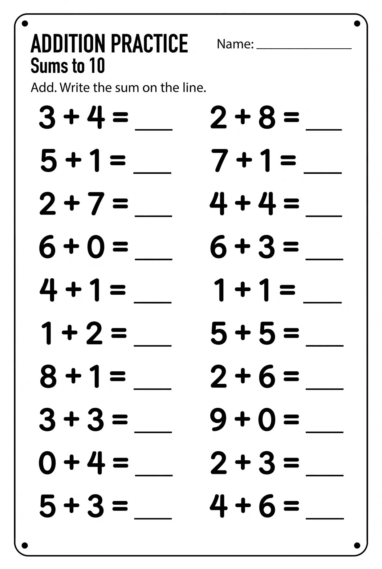 Horizontal Addition Worksheet Sums to 10 for Grade 1, page 1 preview
