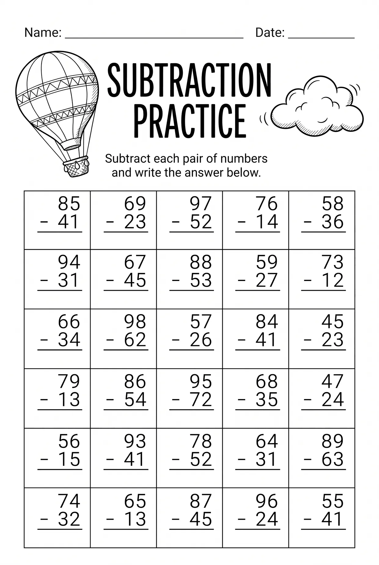 Hot Air Balloon 2nd Grade Subtraction Worksheet, page 1 preview