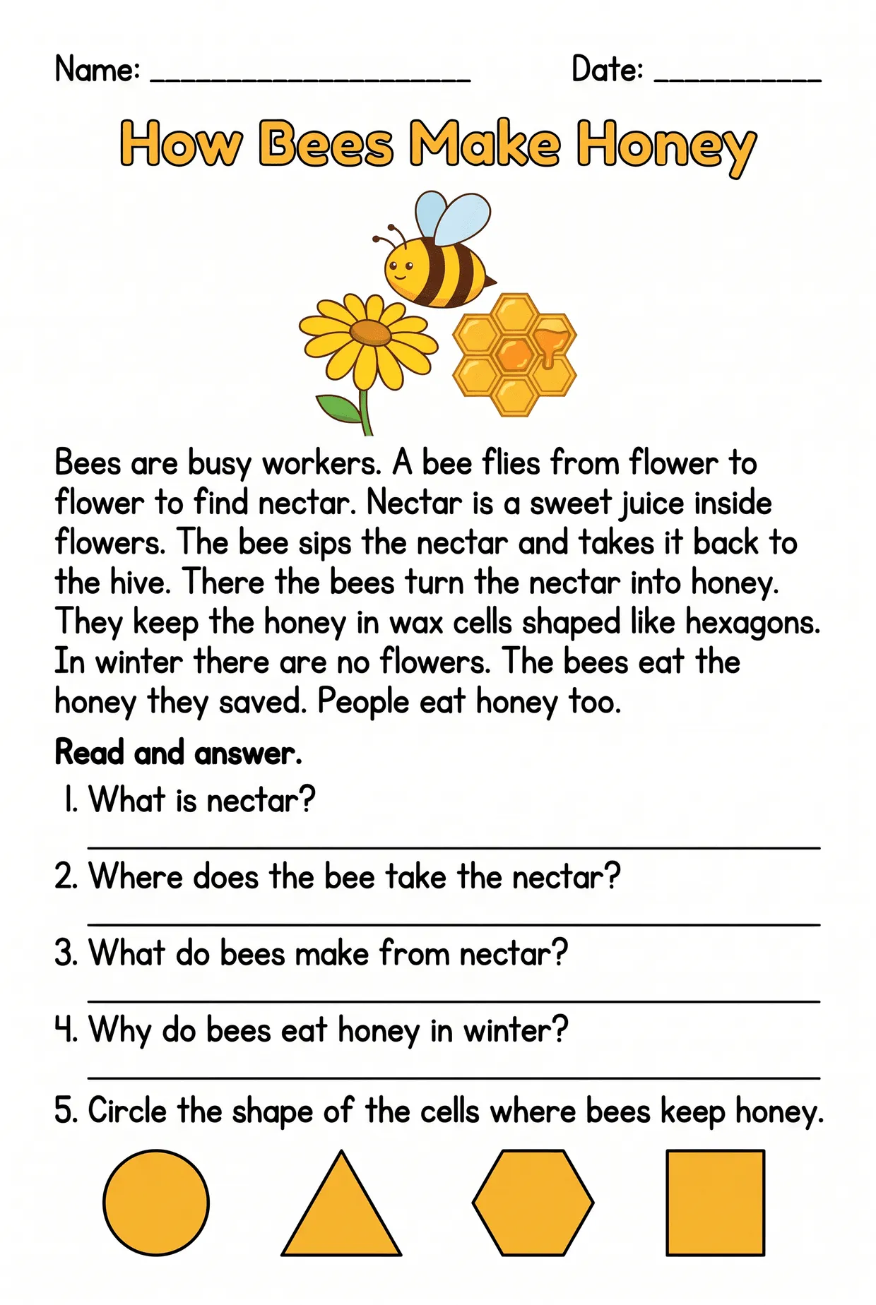 How Bees Make Honey Reading Worksheet for Grade 2, page 1 preview