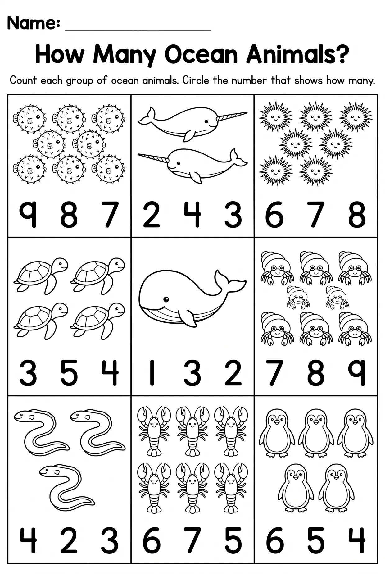 How Many Sea Animals Worksheet for Counting to Ten, page 1 preview