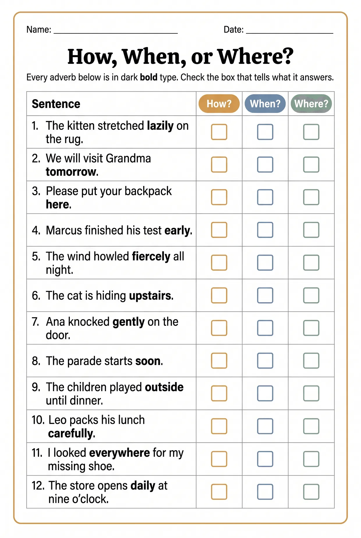 How, When, or Where? Adverbs Worksheet Grade 3, page 1 preview
