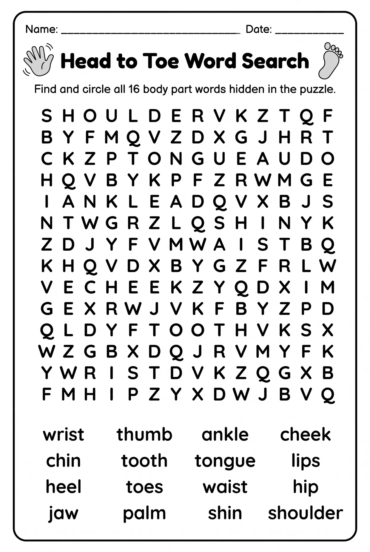 Head to Toe Body Parts Word Search Worksheet, page 1 preview