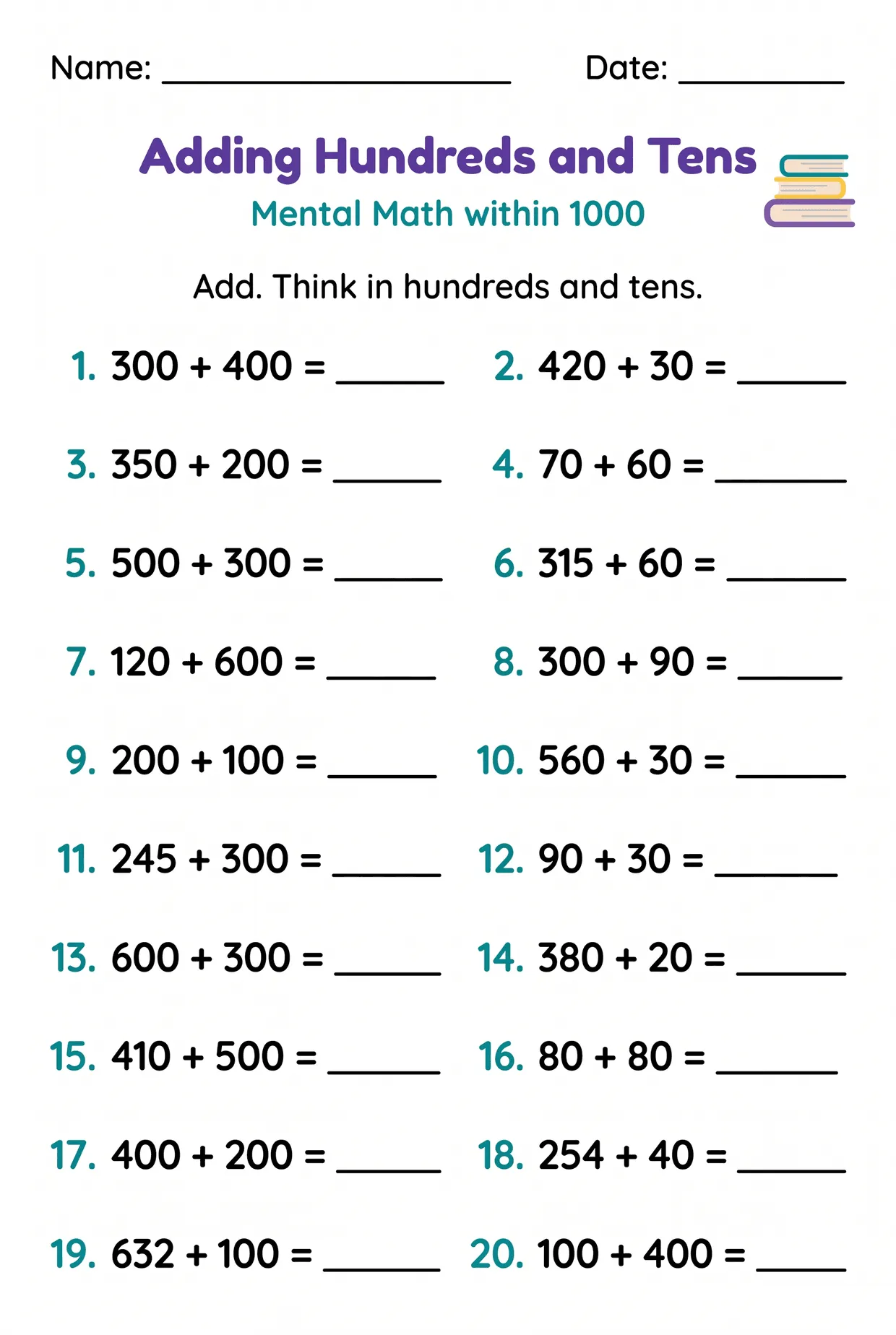 Mental Math Addition Within 1000 Worksheet for Grade 2, page 1 preview