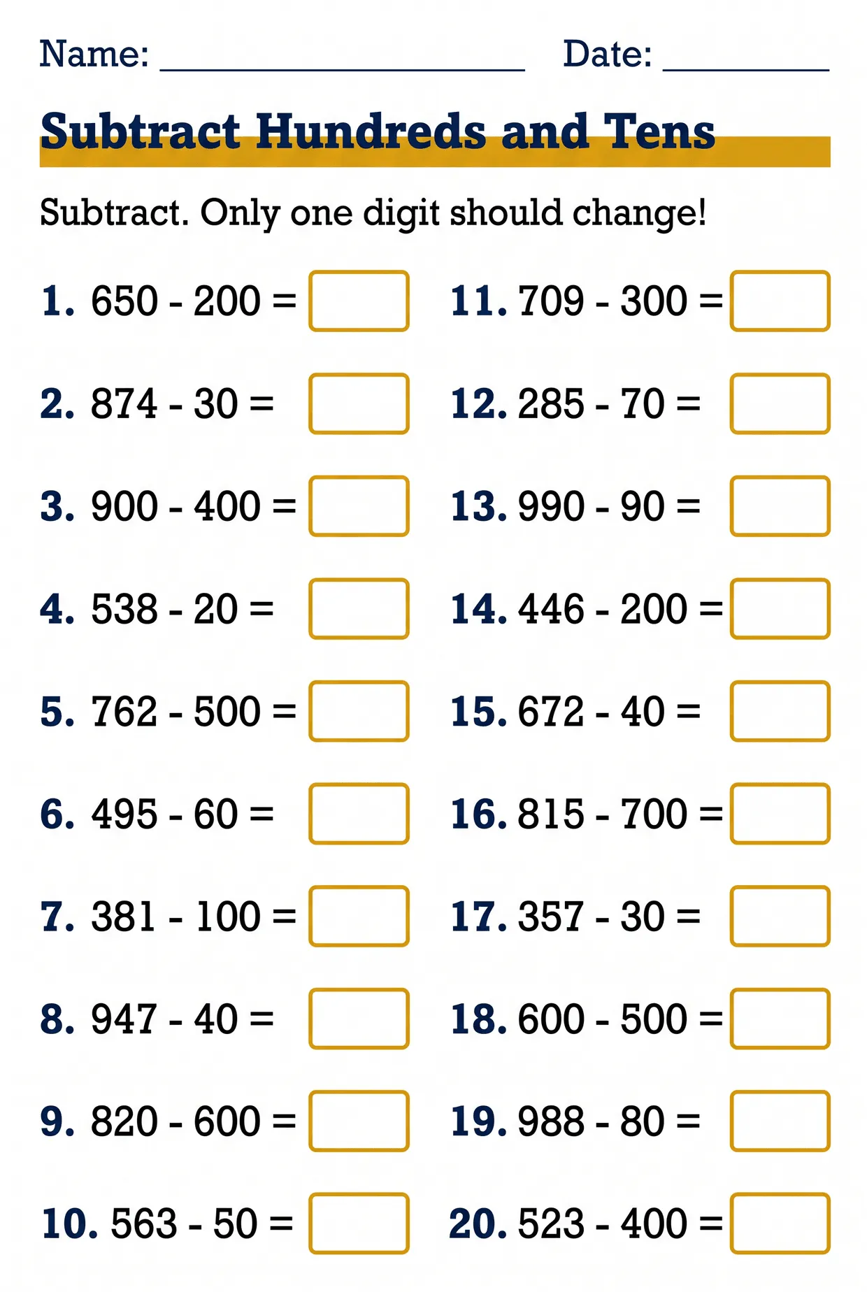 Hundreds and Tens Mental Subtraction Worksheet Grade 2, page 1 preview