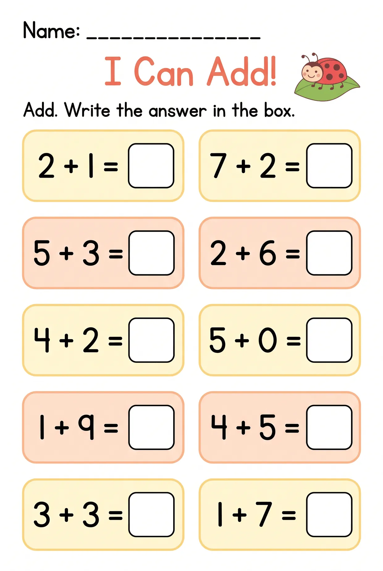 I Can Add! Ladybug Kindergarten Addition Worksheet, page 1 preview