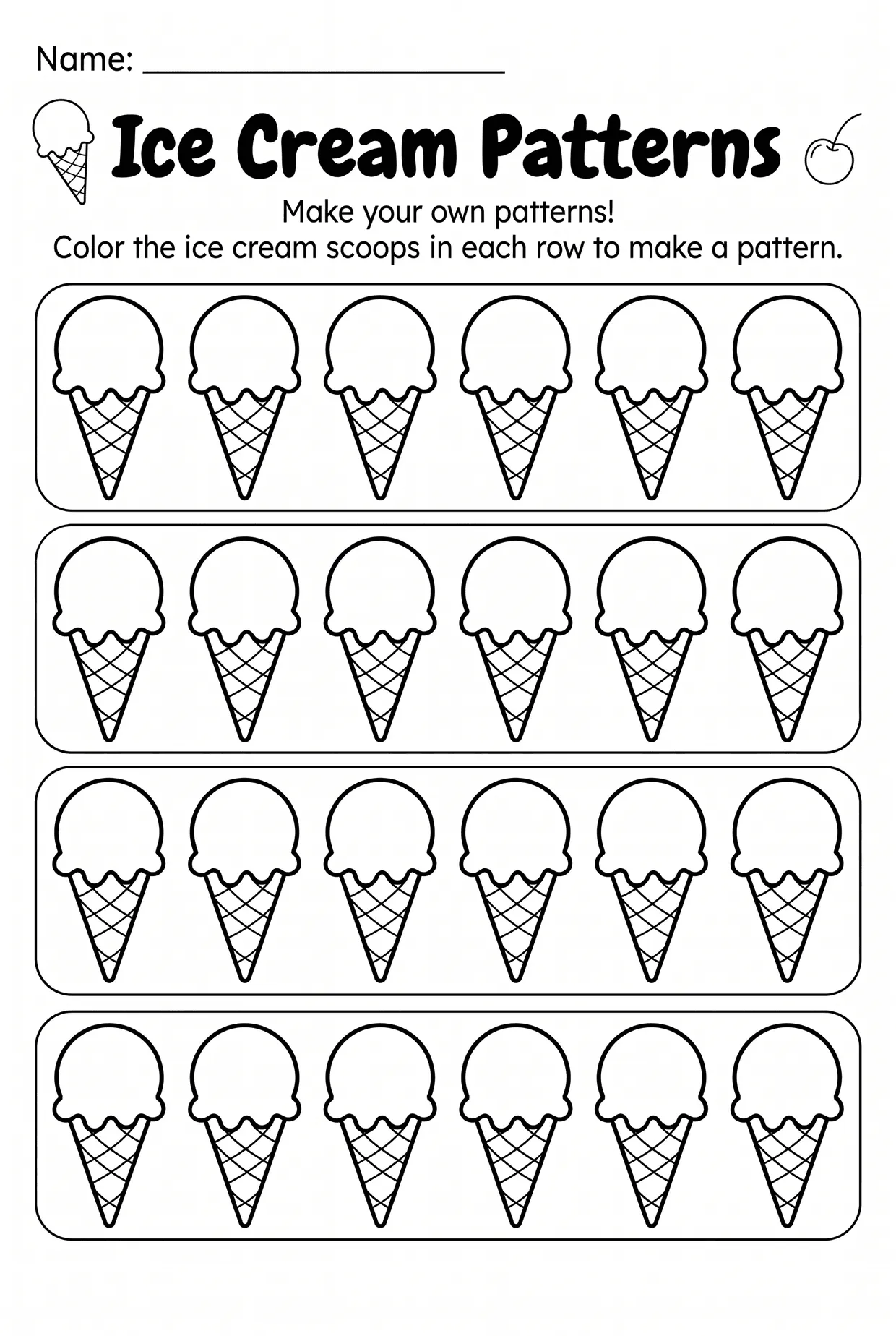 Make Your Own Pattern: Ice Cream Kindergarten Worksheet, page 1 preview