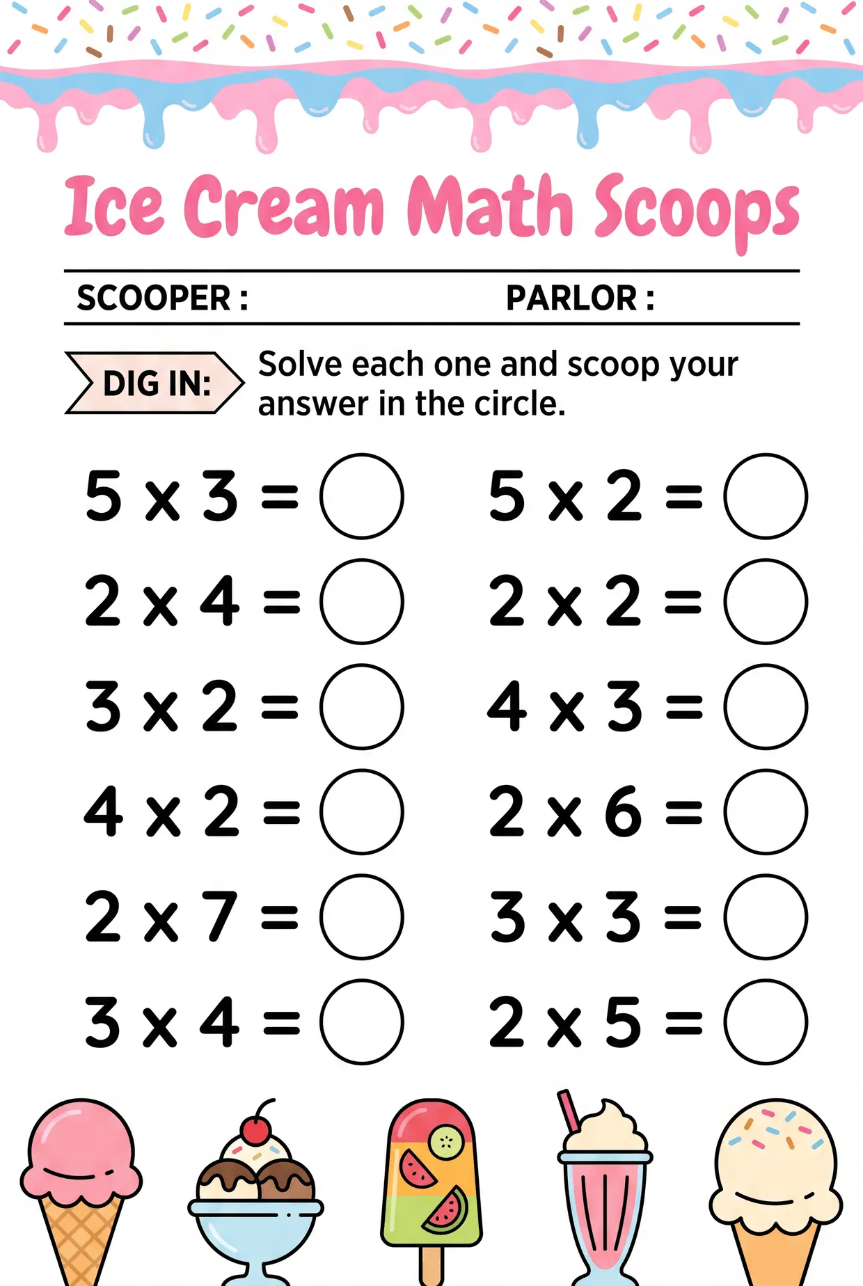 Ice Cream Math Scoops: Multiplication Worksheet worksheet preview