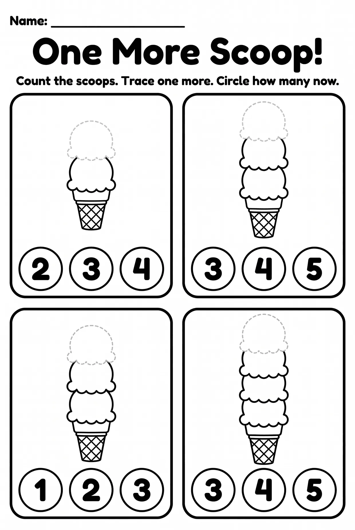One More Scoop Counting Worksheet for Preschool, page 1 preview