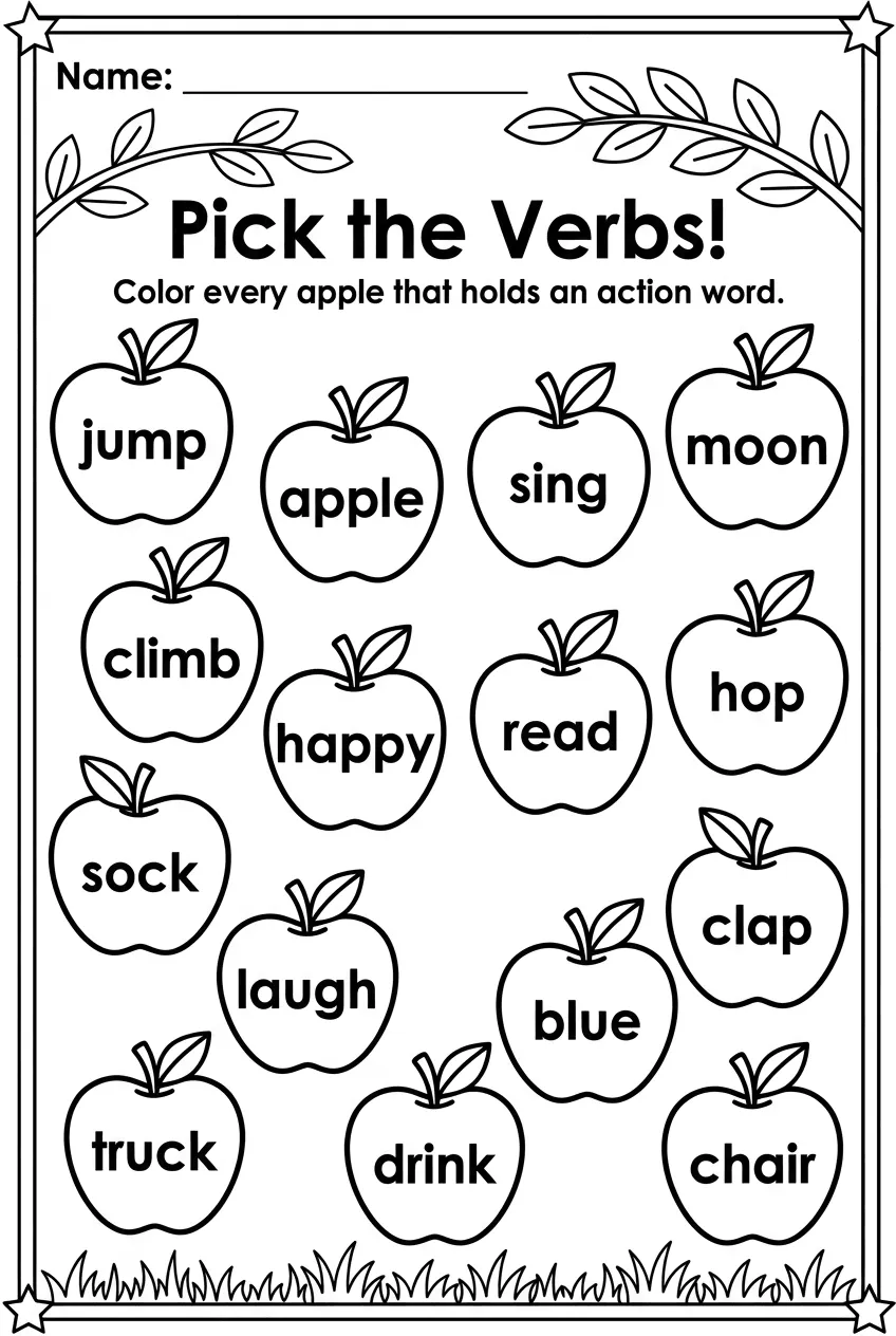 Identify Verbs Worksheet: Color Every Action Word, page 1 preview