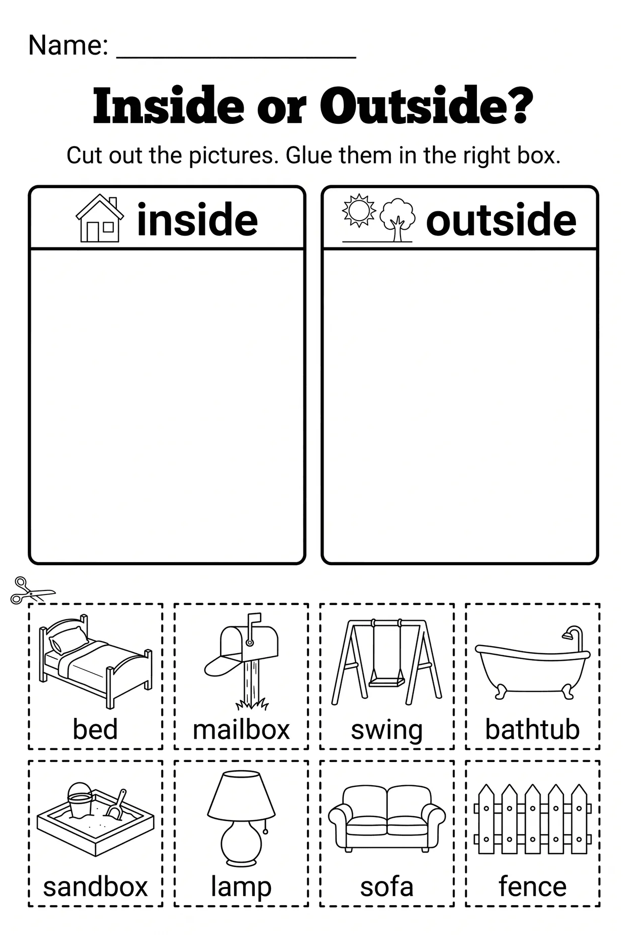 Inside or Outside the House Cut and Paste Worksheet, page 1 preview