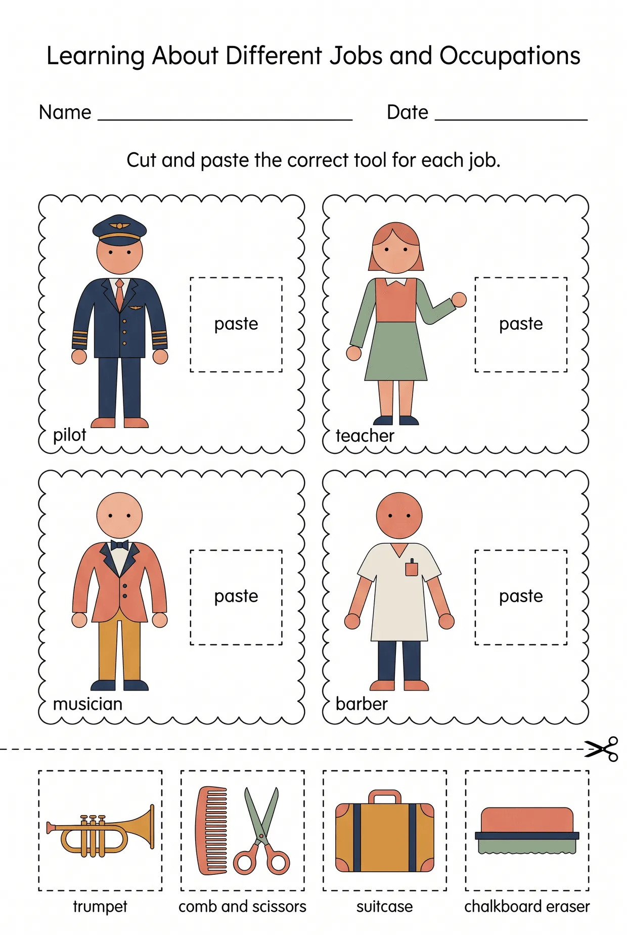 Jobs Cut and Paste: Pilot, Teacher, Barber, page 1 preview
