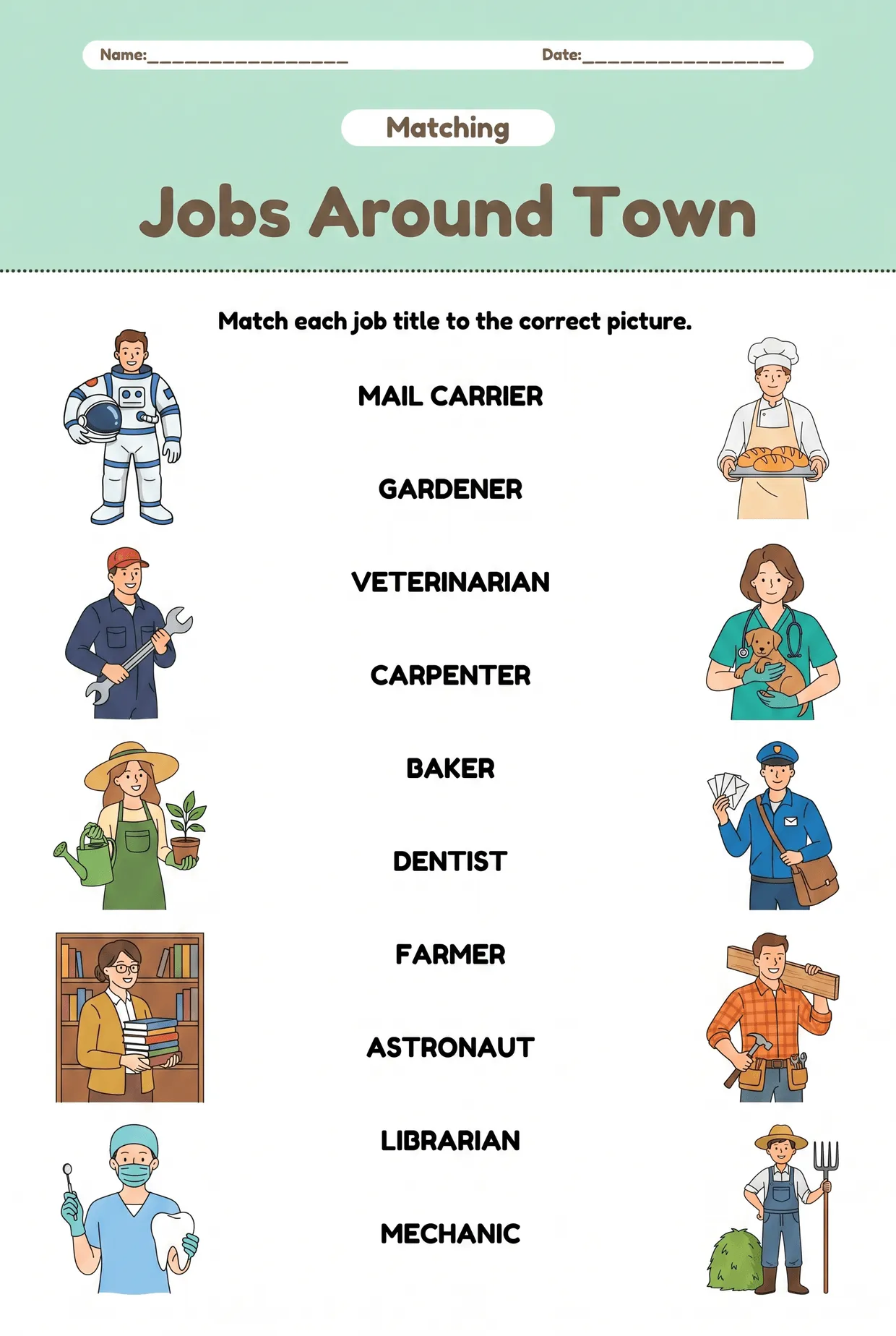 Jobs Around Town Matching Worksheet worksheet preview