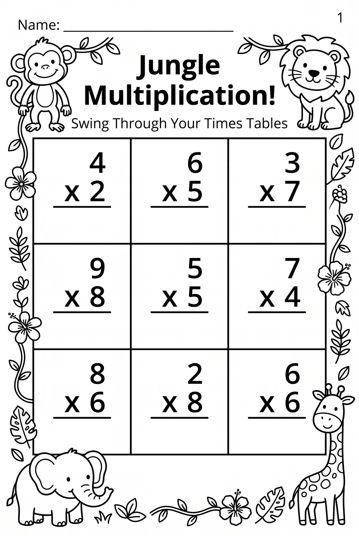 Jungle Multiplication Worksheet: 3rd Grade Times Tables, page 1 preview