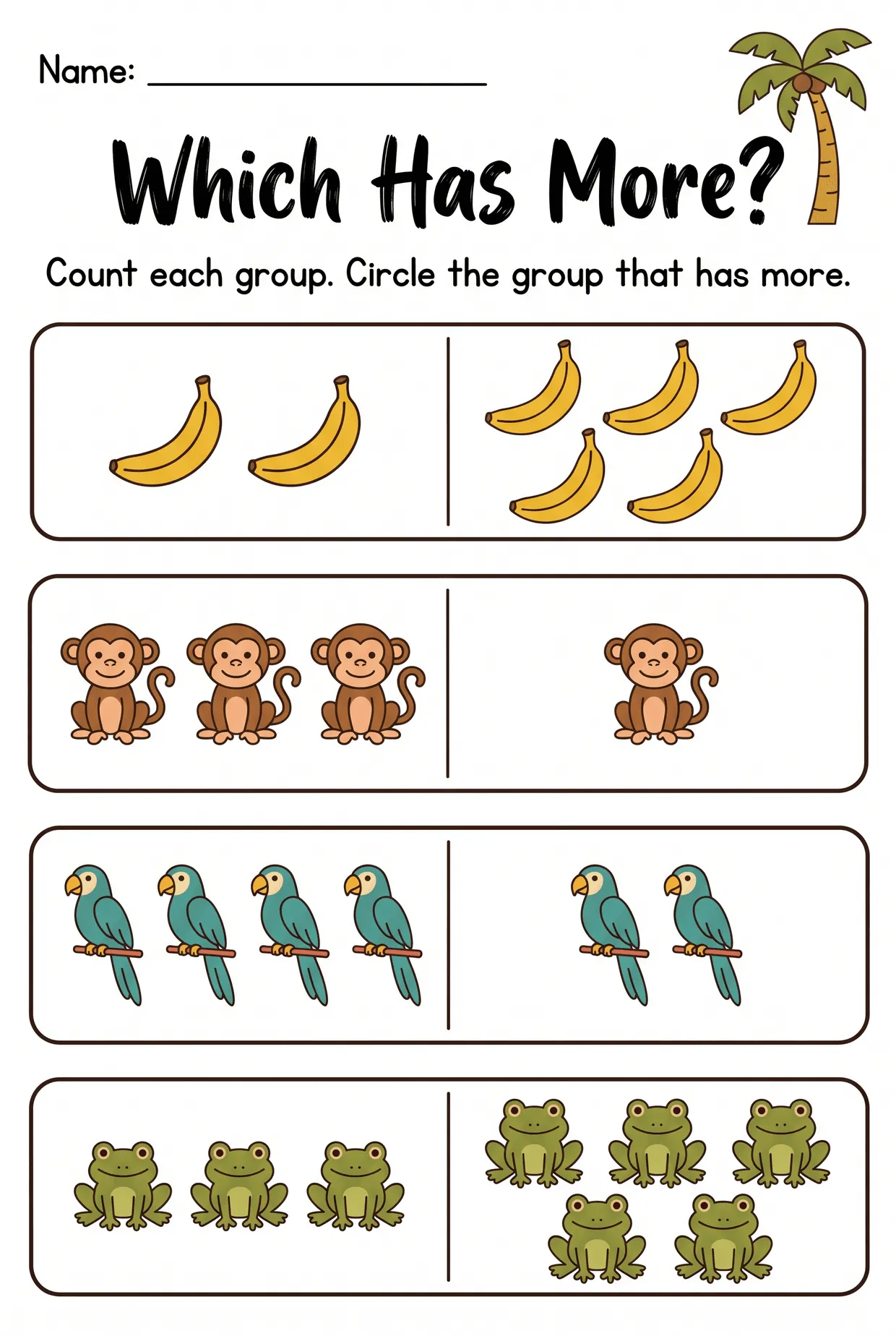 Which Has More? Jungle Counting Worksheet for Preschool, page 1 preview