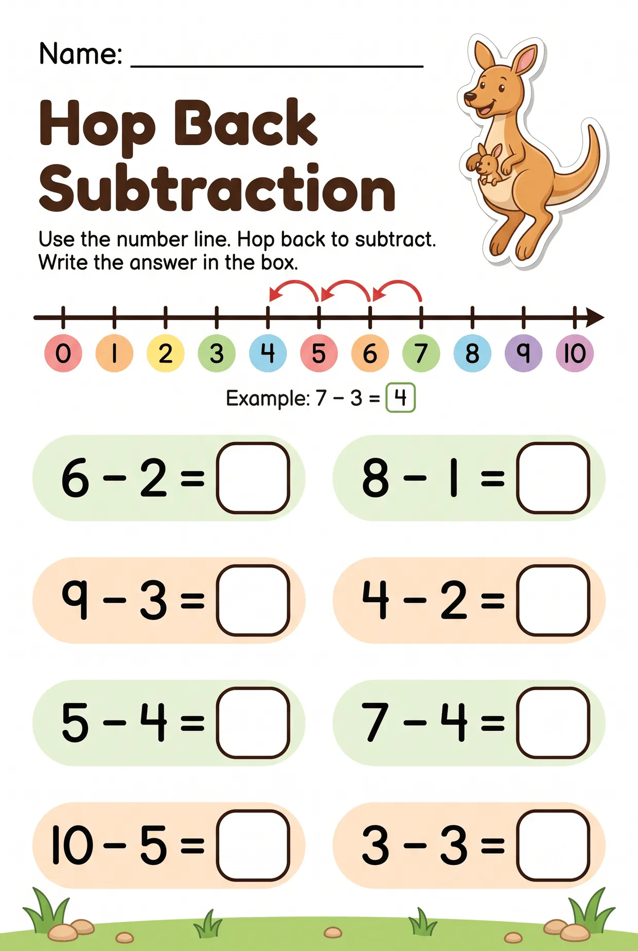 Number Line Subtraction Worksheet for Kindergarten, page 1 preview