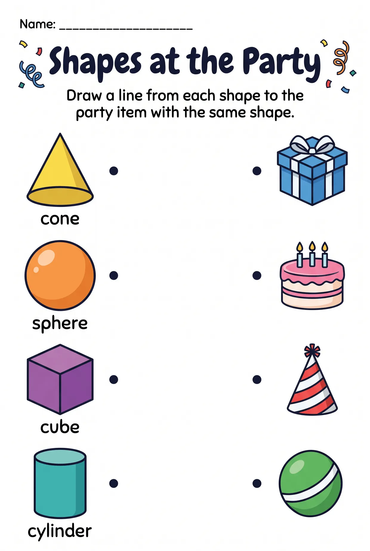 Shapes at the Party: 3D Shapes Worksheet for Kindergarten, page 1 preview