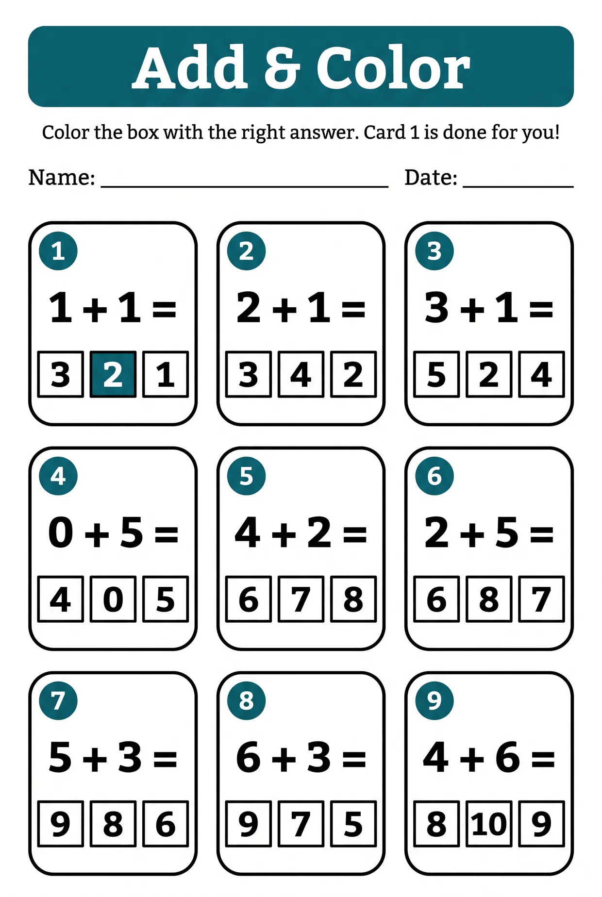 Add and Color Cards: Kindergarten Addition Worksheet, page 1 preview