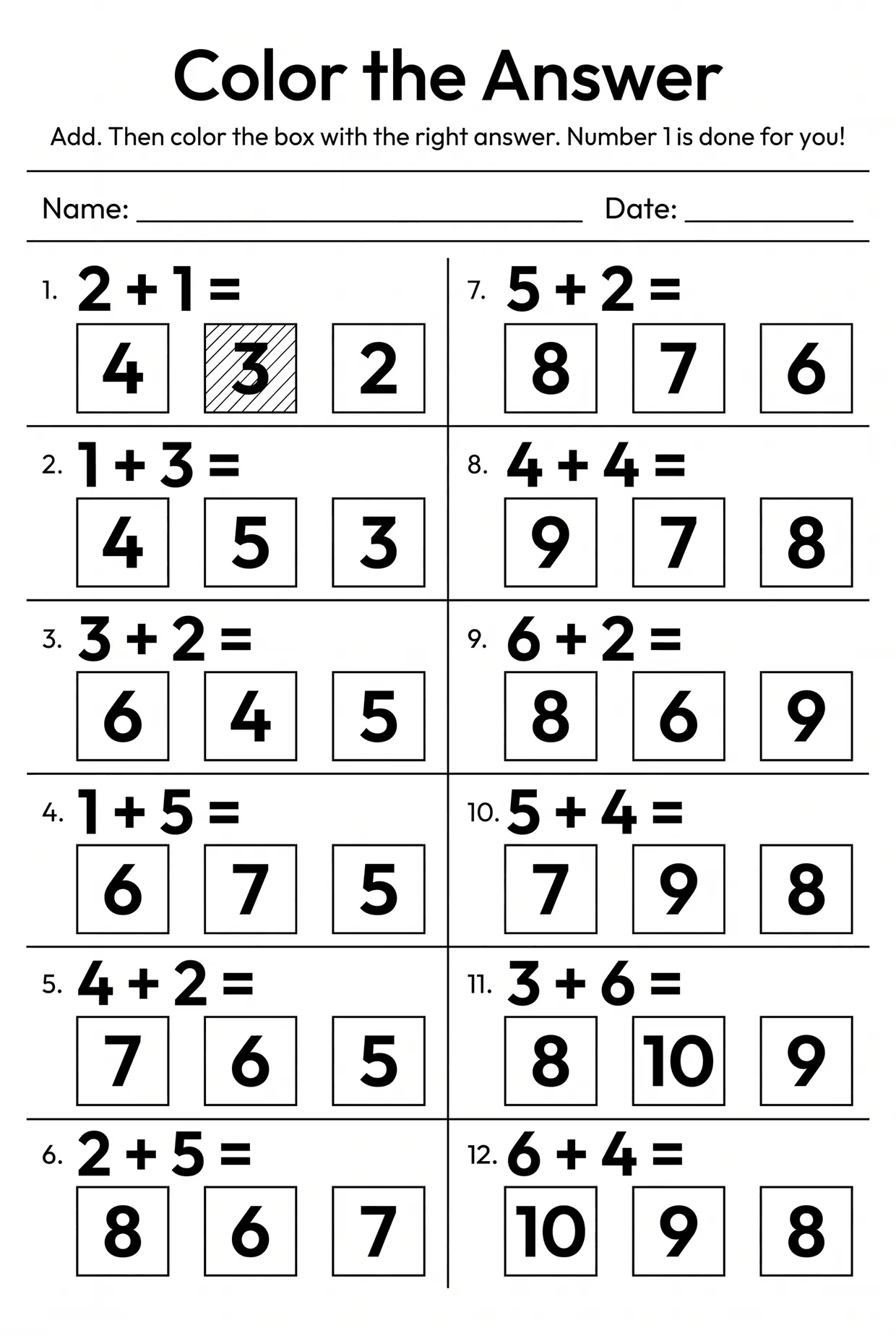 Color the Answer: Kindergarten Addition Worksheet worksheet preview