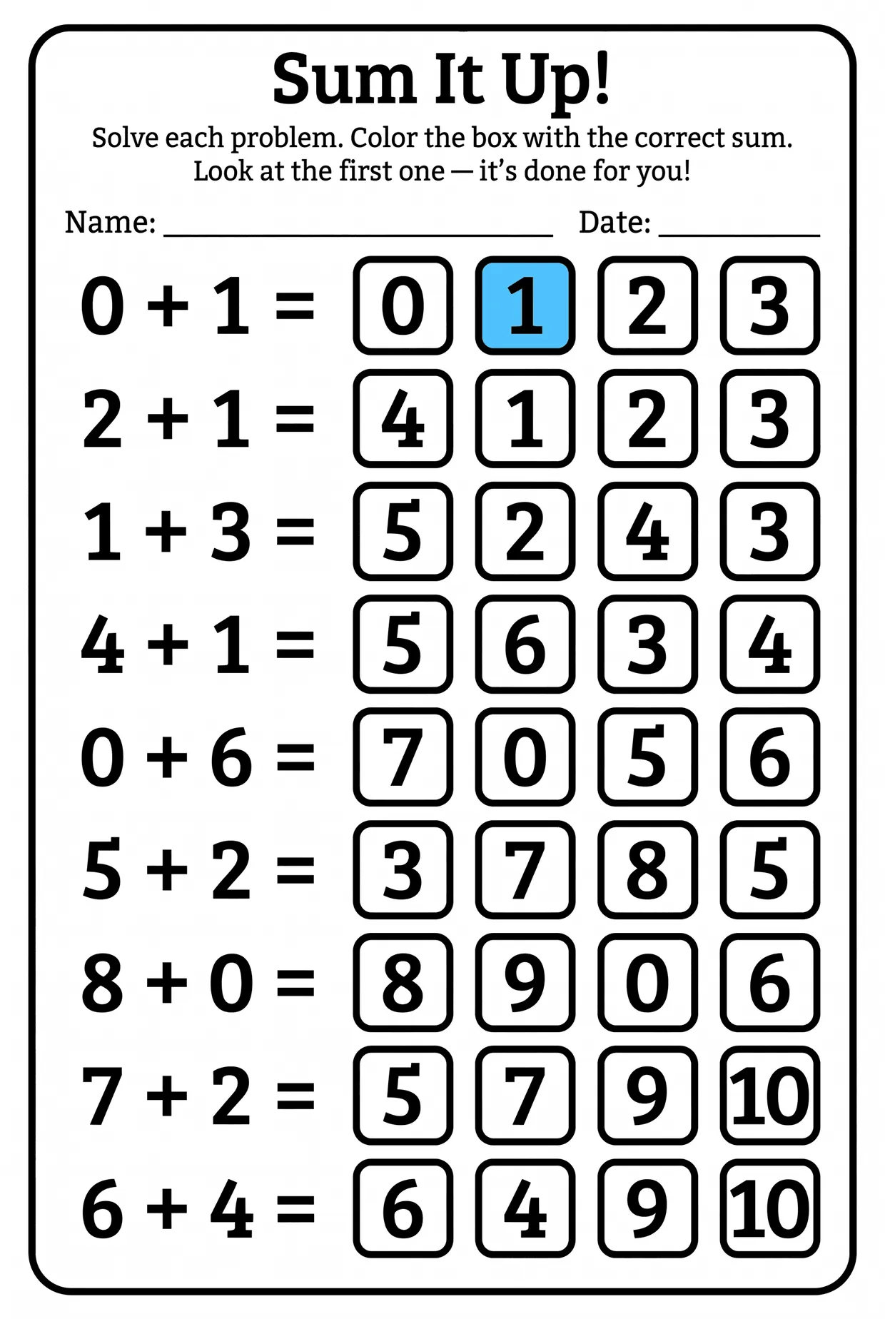 Sum It Up: Kindergarten Addition Worksheet to 10, page 1 preview