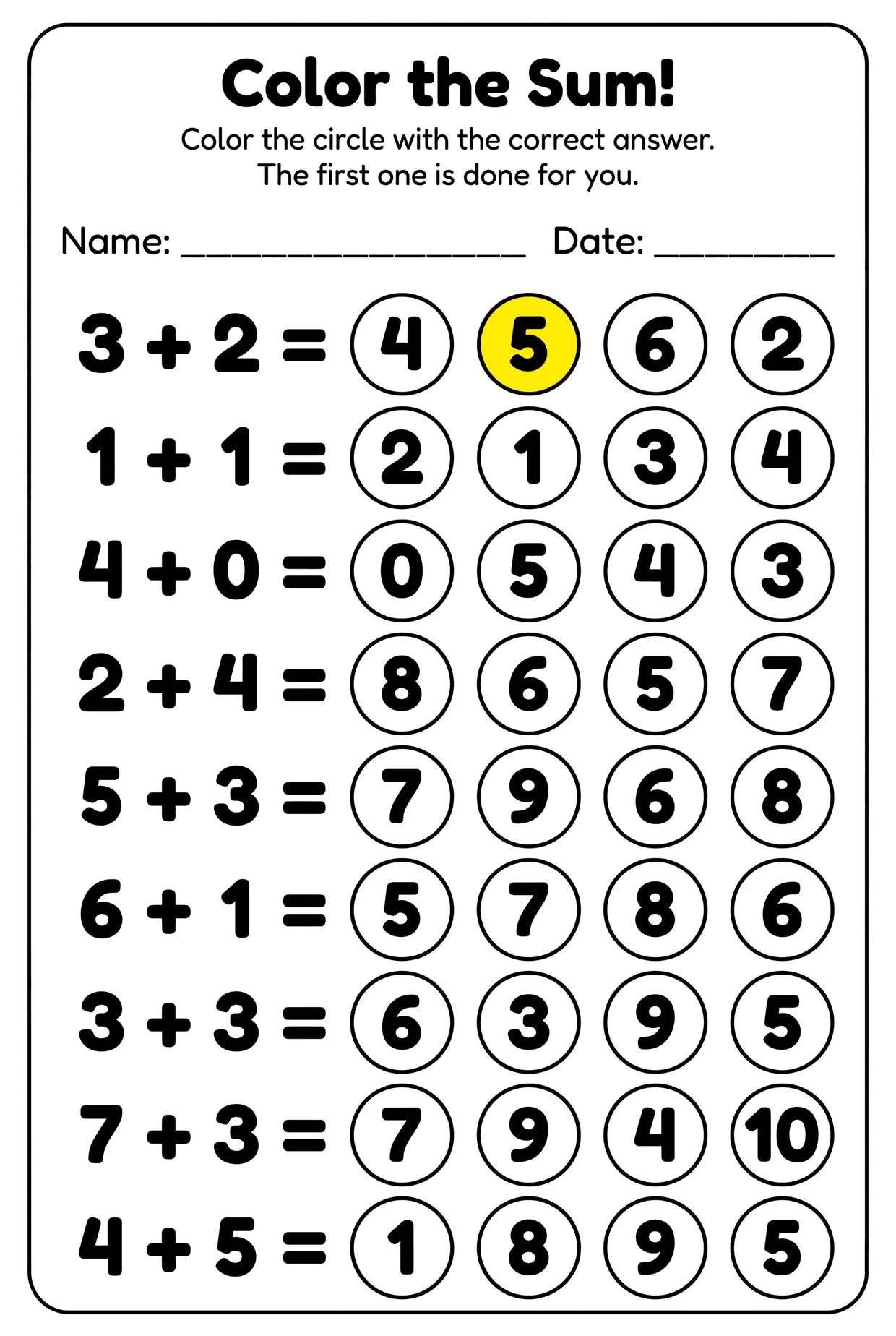Color the Sum: Kindergarten Addition Worksheet, page 1 preview