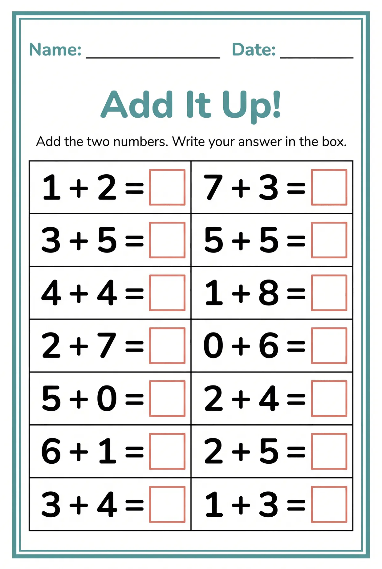 Add It Up: Kindergarten Addition Worksheet Sums to 10 worksheet preview