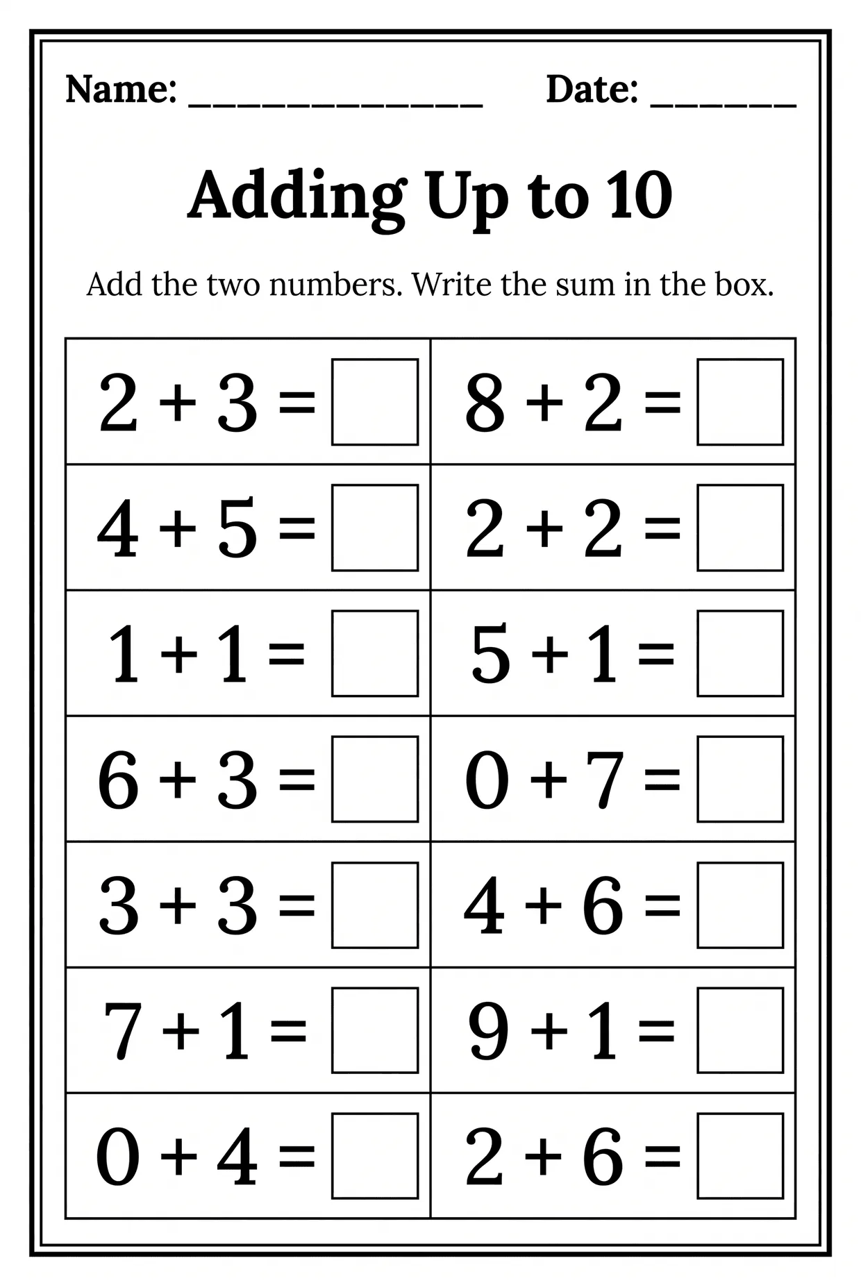 Adding Up to 10: Kindergarten Addition Worksheet, page 1 preview