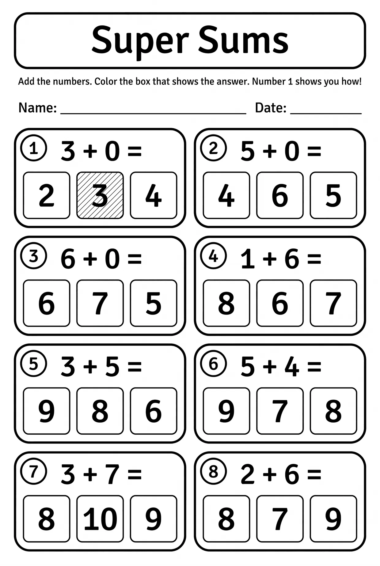 Super Sums: Kindergarten Addition Worksheet (B&W), page 1 preview