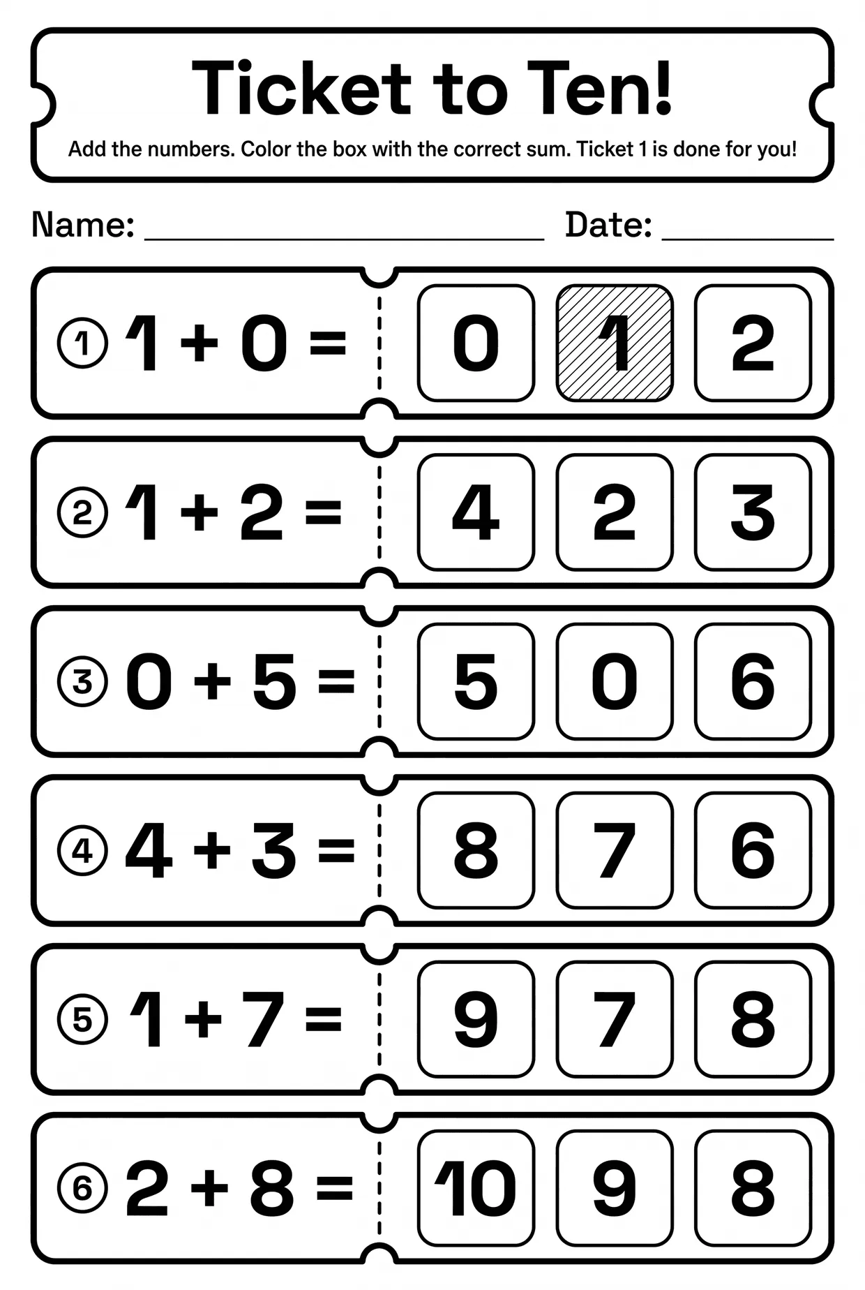 Ticket to Ten: Kindergarten Addition Worksheet, page 1 preview
