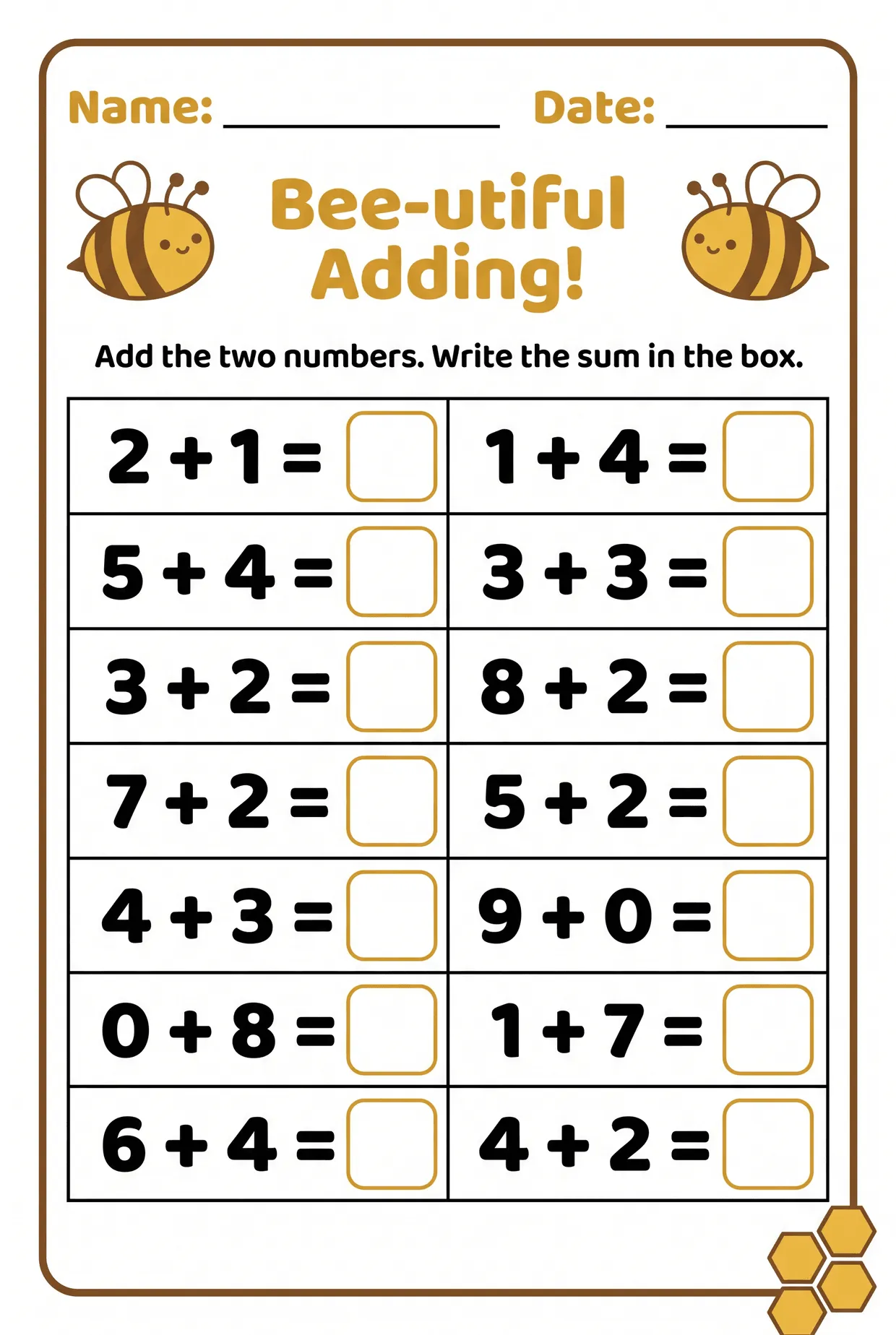 Bee Themed Kindergarten Addition Worksheet, page 1 preview