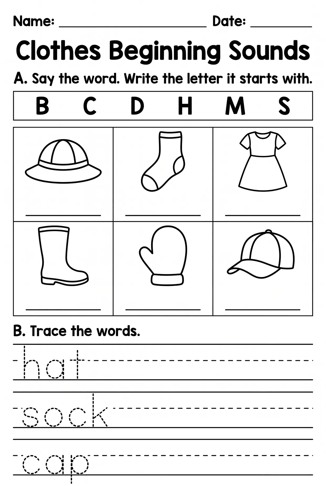 Clothes Beginning Sounds Worksheet for Kindergarten, page 1 preview
