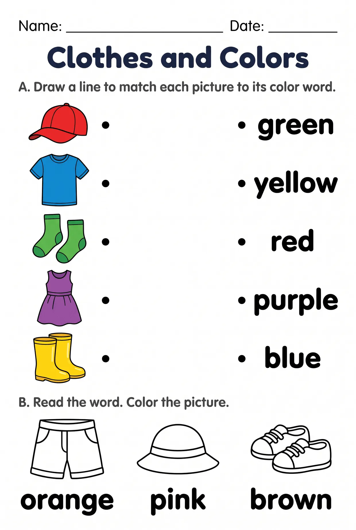 Clothes and Colors Worksheet for Kindergarten worksheet preview