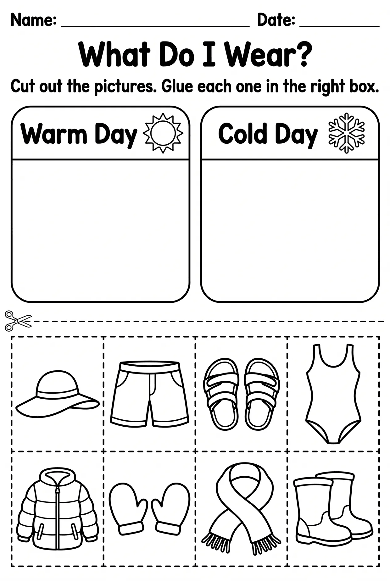 Warm or Cold Day Clothes Worksheet for Kindergarten, page 1 preview